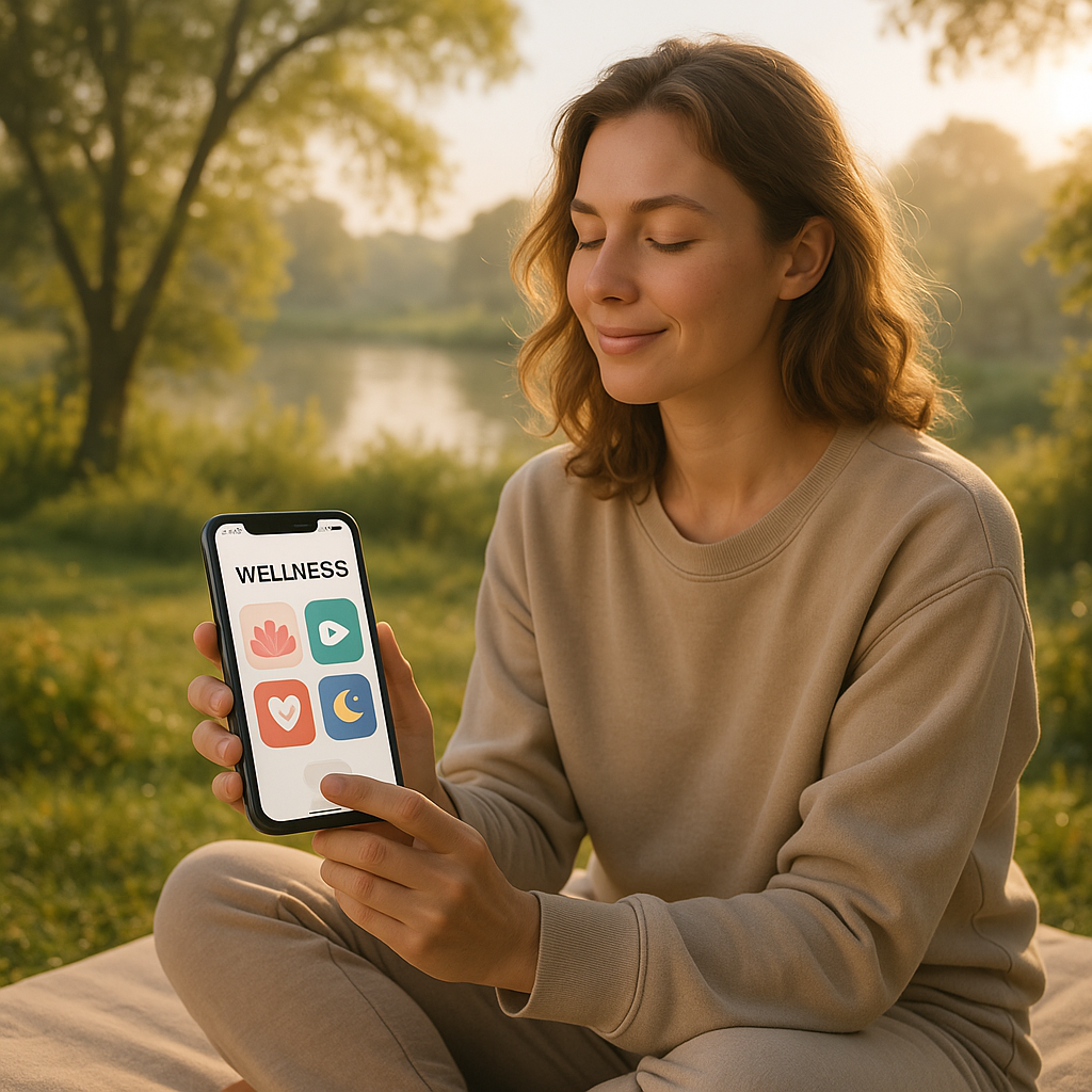 Persona usando app de bienestar en la naturaleza